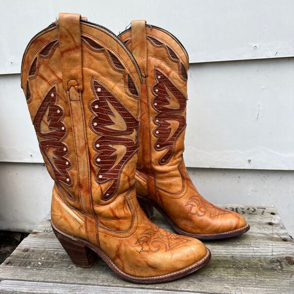 Miss Capezio Butterfly Boots stacked heel marbled brindle tan brown leather - Picture 1 of 10